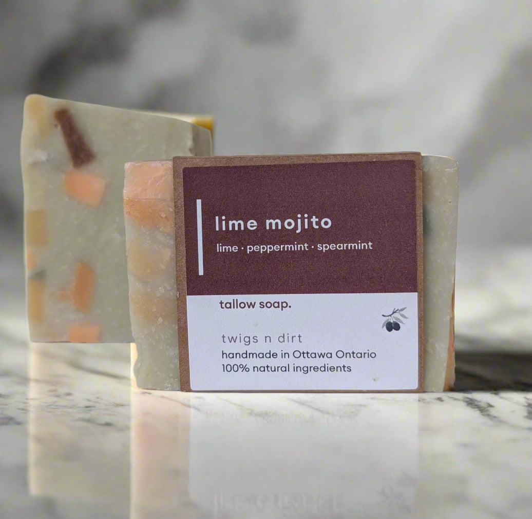 Two bars of soap with labels on a light background