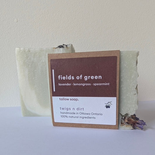 Two bars of soap with a label on a white surface